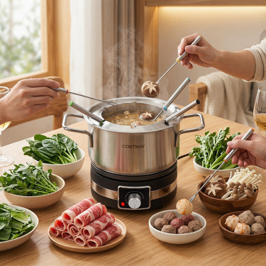American Smart 1200W electric fondue pot set with removable stainless steel pot and six forks for delicious cheese or chocolate fondue.