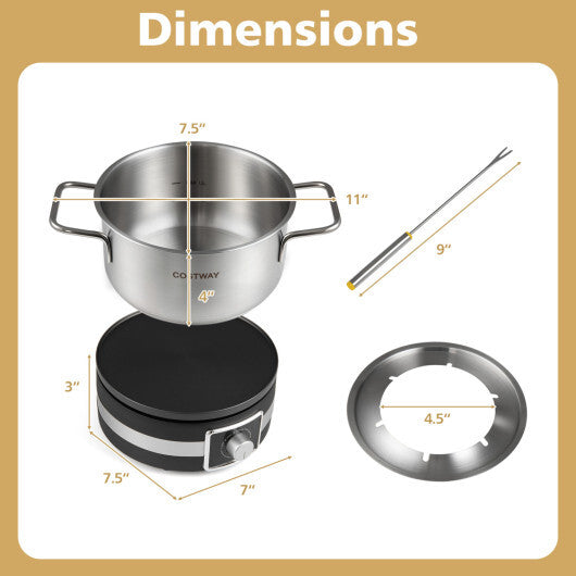 American Smart 1200W electric fondue pot set with removable stainless steel pot and six forks, ideal for cheese or chocolate fondue.