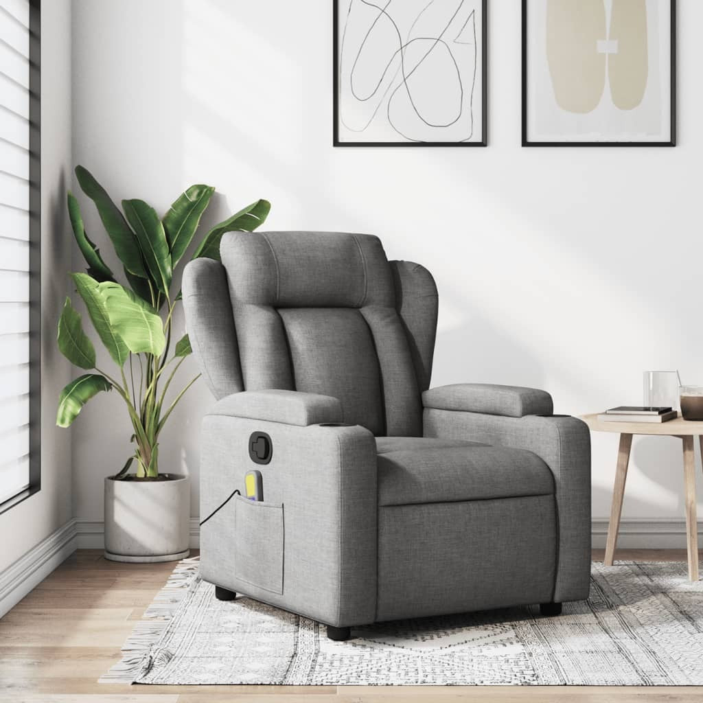 Dark grey fabric massage recliner chair by American Smart, featuring plush armrests and adjustable reclining function.