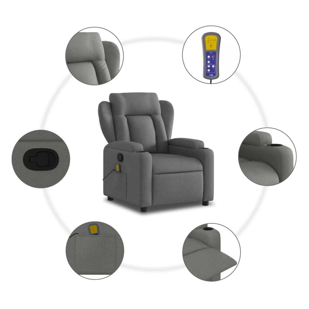 Dark grey fabric massage recliner chair by American Smart, featuring armrest and adjustable reclining function.