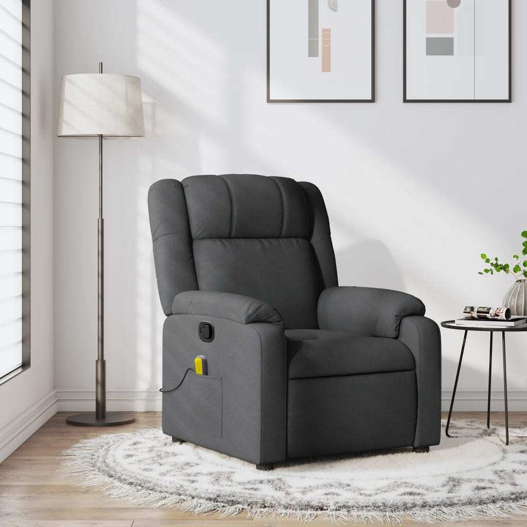 Dark grey fabric massage recliner chair by American Smart, featuring cushioned armrests and a built-in reclining mechanism.