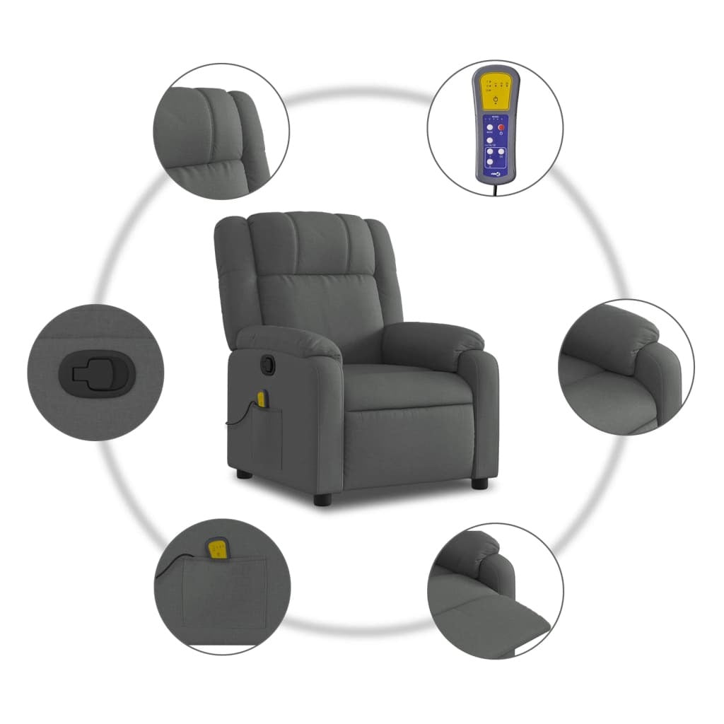 Dark grey fabric massage recliner chair by American Smart, featuring plush armrests and adjustable reclining function.