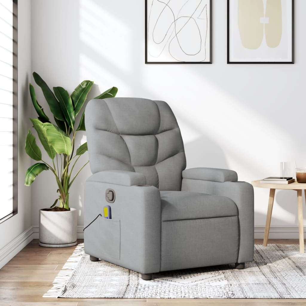 Light grey fabric massage recliner chair by American Smart, featuring plush armrest and adjustable reclining function.