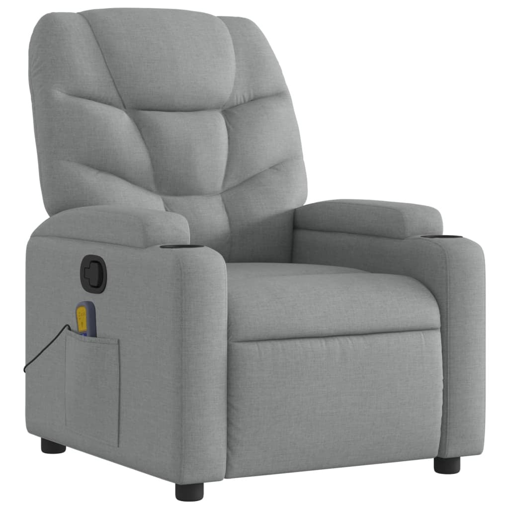 Light grey fabric massage recliner chair by American Smart, featuring a plush armchair design with adjustable reclining and built-in massage function.