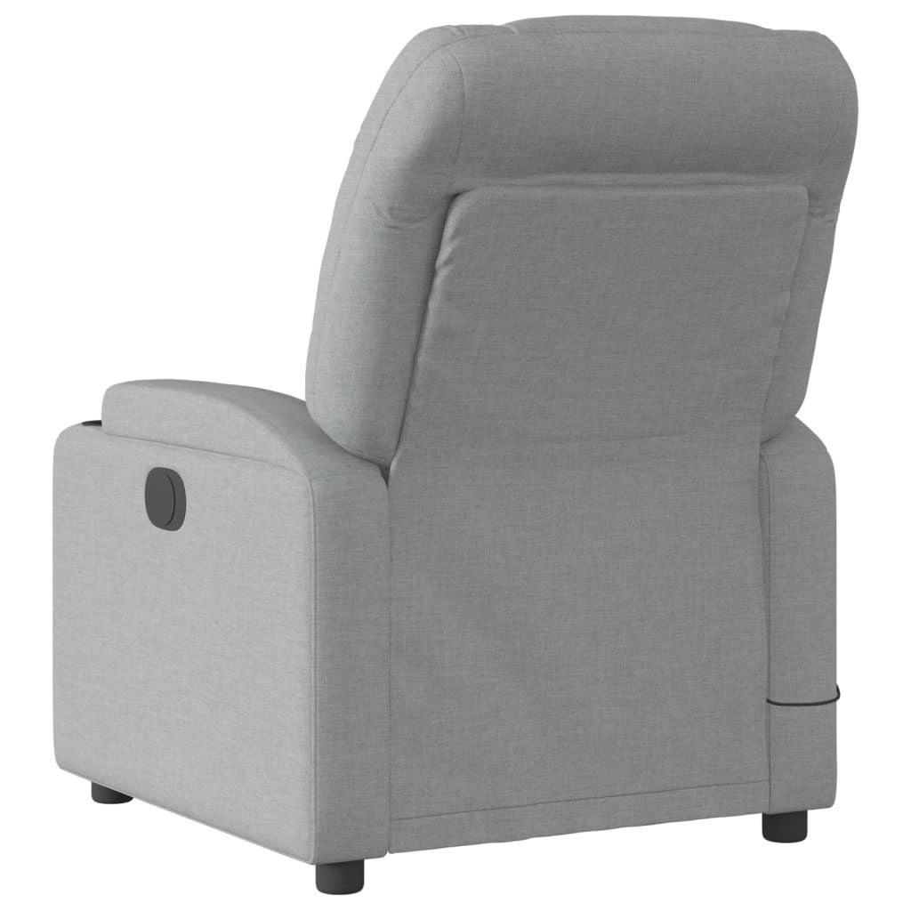 Light grey fabric massage recliner chair by American Smart, featuring plush armrests and a comfortable reclining design.