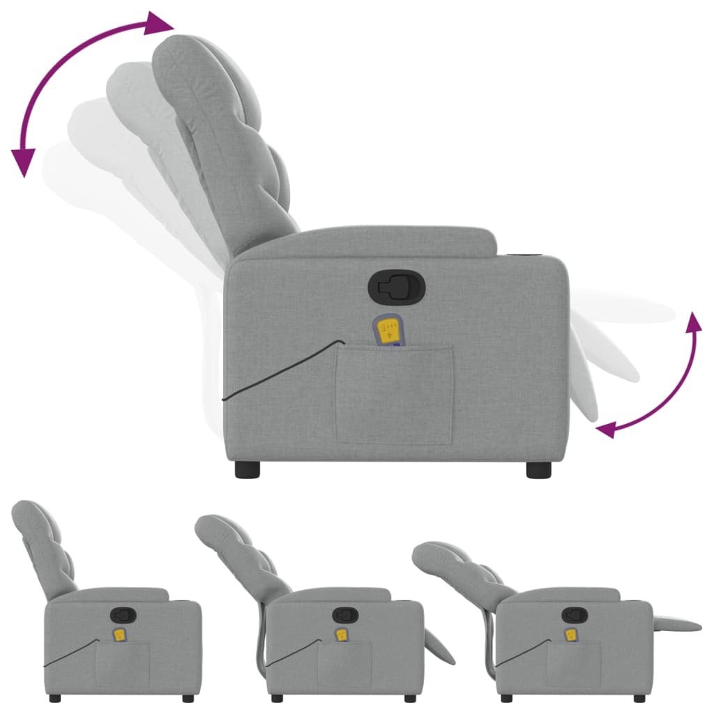 Light grey fabric massage recliner chair by American Smart, showcasing padded armrests and a plush, adjustable reclining feature.