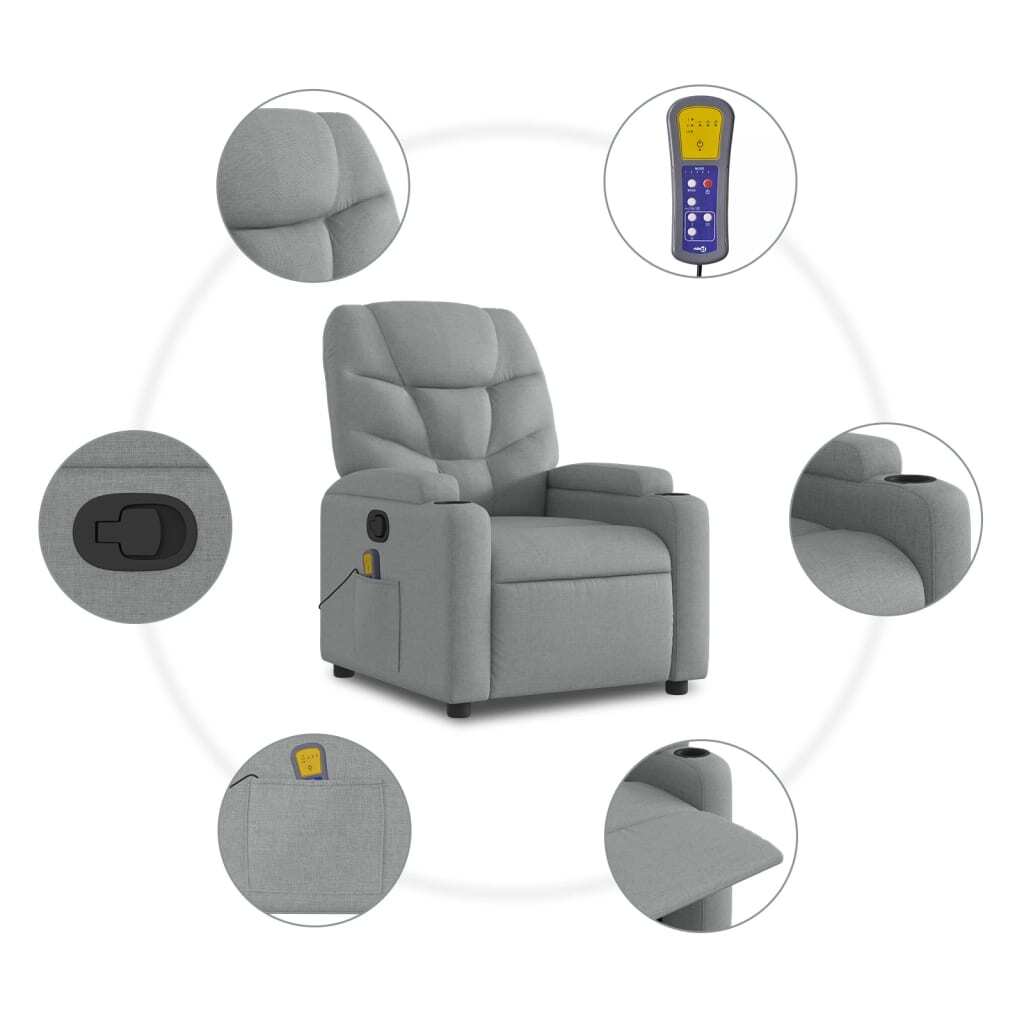 Light grey fabric massage recliner chair by American Smart, featuring plush armrests and a reclining, sleeper design.