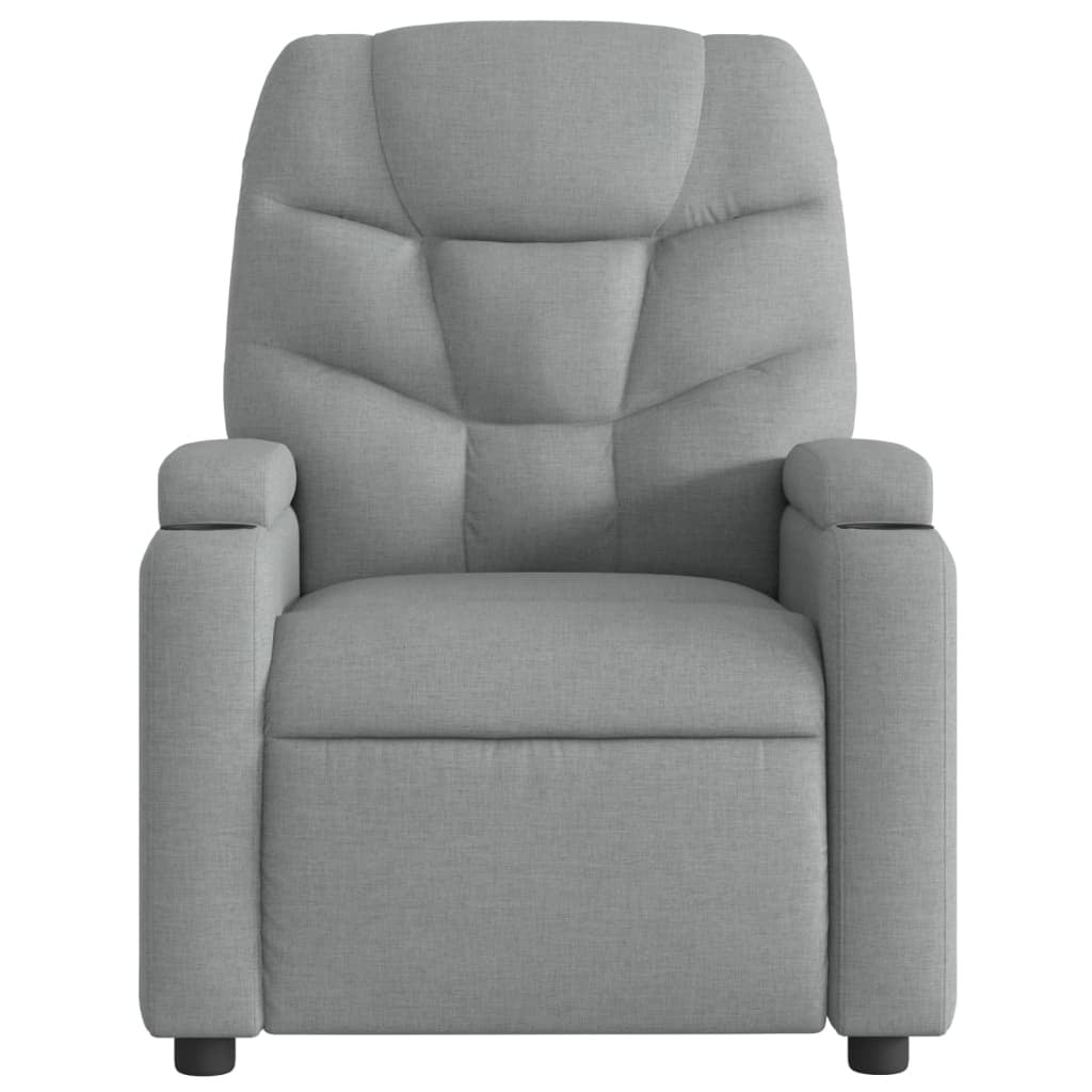 Light grey fabric massage recliner chair by American Smart, featuring plush armrest and adjustable reclining features.