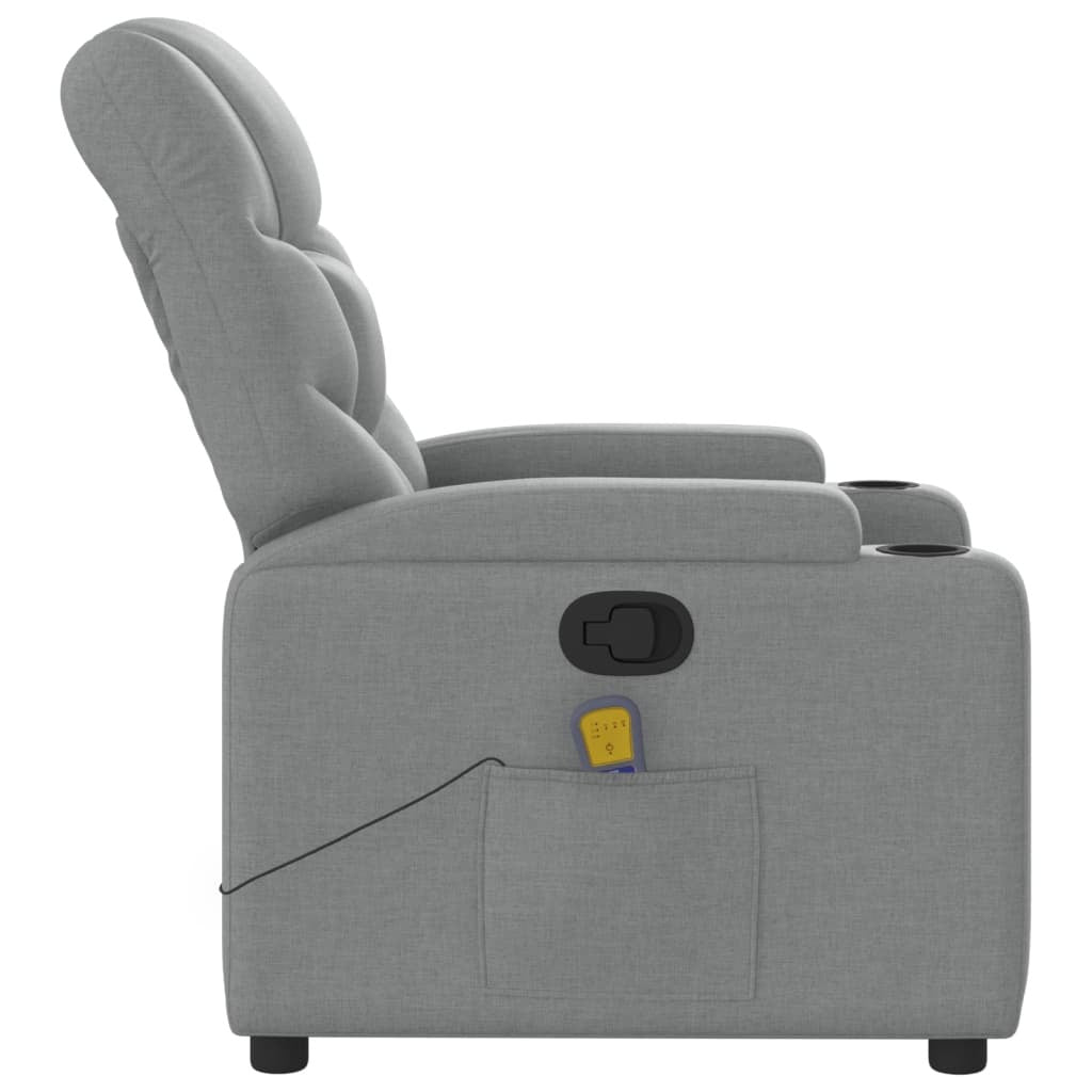 Light grey fabric massage recliner chair by American Smart, featuring padded armrests and a comfortable, adjustable reclining design.