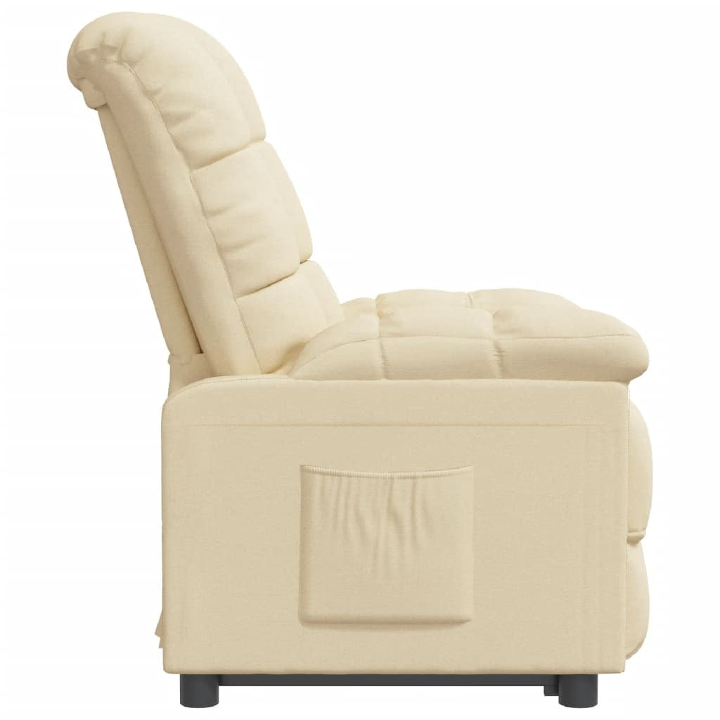 Cream fabric American Smart recliner arm chair with plush cushioning and sturdy wooden legs, designed for comfort and style.