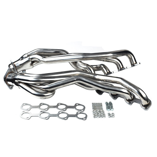American Smart WB exhaust header for 2000-2004 Ford Mustang GT V8 4.6L engine, showing the polished metal header pipes.