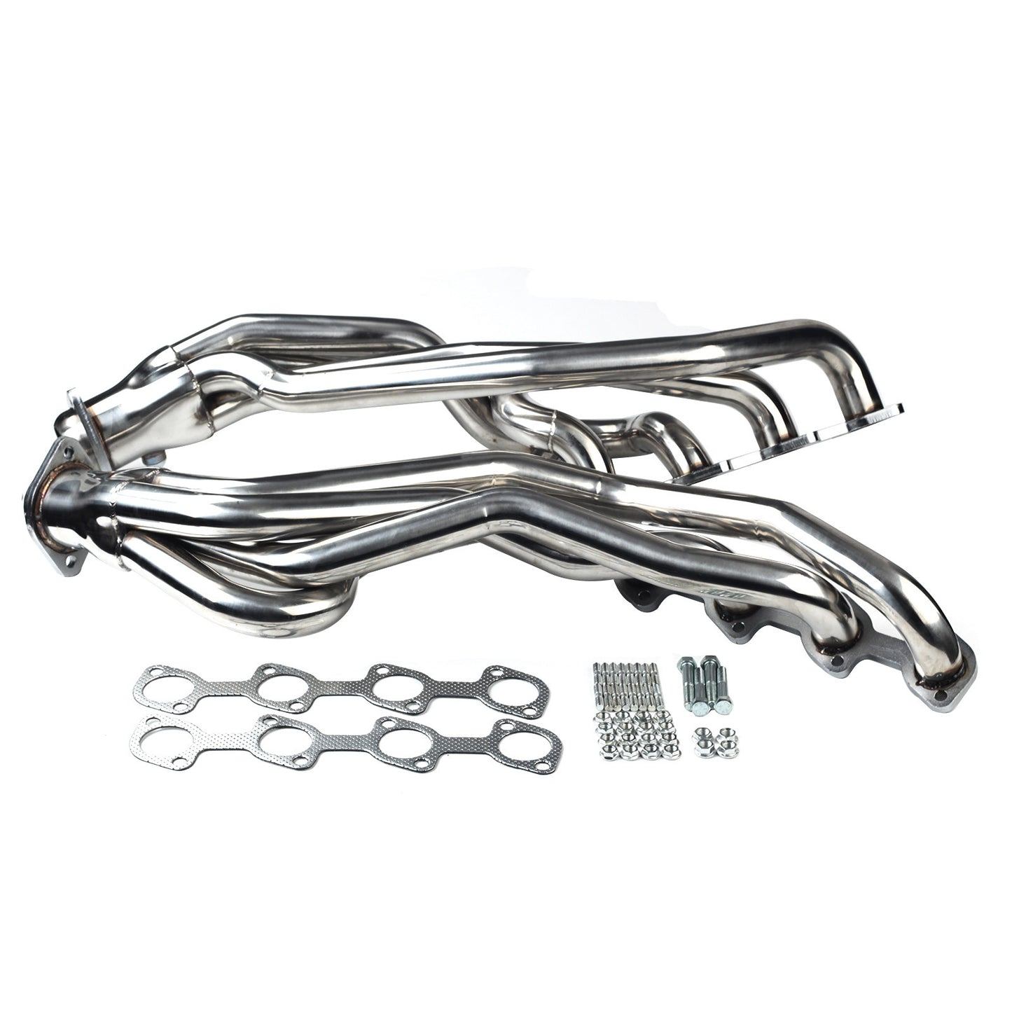 Automotive exhaust header for 2000-2004 Ford Mustang GT V8 4.6L by American Smart, showing polished metal exhaust manifold.