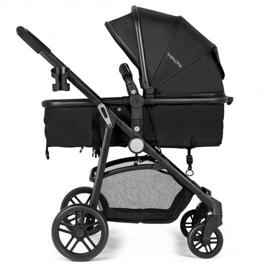Black 2-in-1 foldable baby stroller for newborns by American Smart, featuring a compact design for easy handling and comfort.