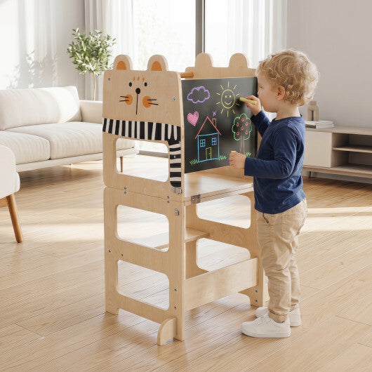 Black and white 3-in-1 wooden kids toddler kitchen step stool with blackboard, designed for safe, easy toddler access and play.
