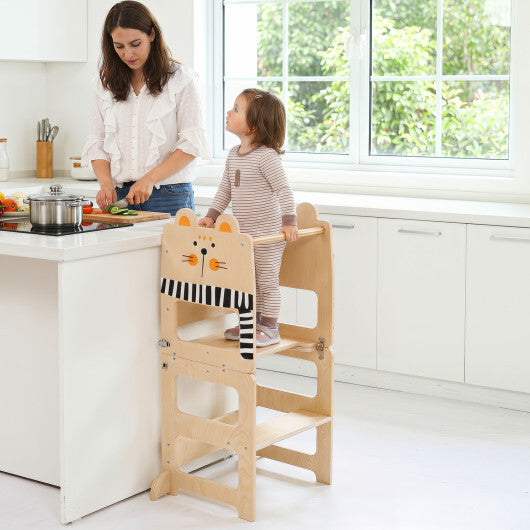 Black and white 3-in-1 wooden kids toddler kitchen step stool with blackboard from American Smart WB, featuring a sturdy design for children.