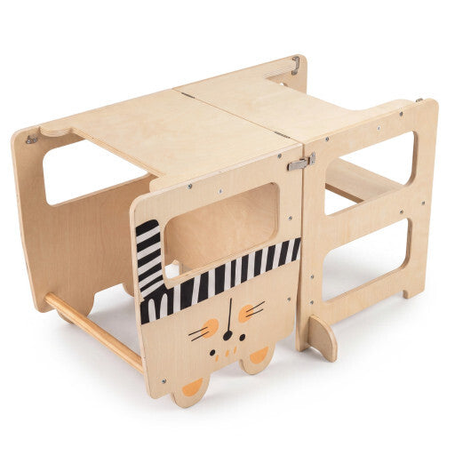 Black and white 3-in-1 wooden kids toddler kitchen step stool with blackboard by American Smart - WB, showing sturdy design and blackboard surface.
