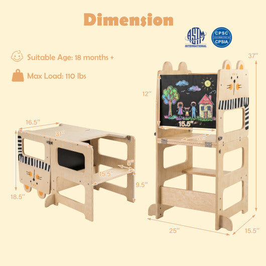 Black and white 3-in-1 wooden kids toddler kitchen step stool with blackboard, designed for safe, versatile use by children.