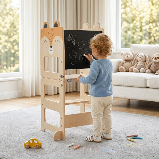 Black and white 3-in-1 wooden kids' kitchen step stool with blackboard, designed for toddlers by American Smart WB.