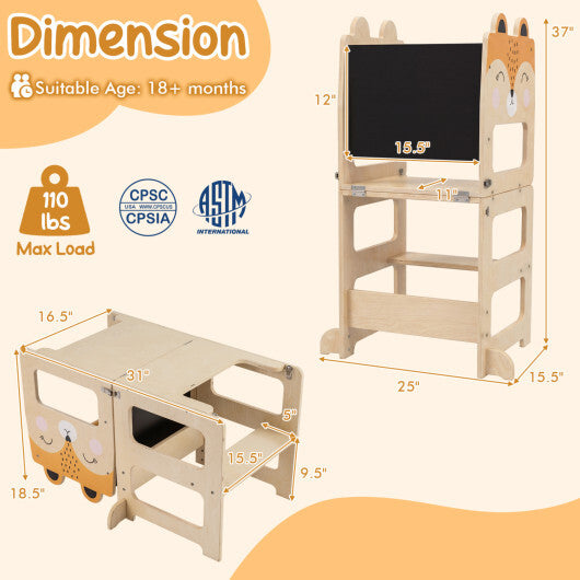 Black and white 3-in-1 wooden kids toddler kitchen step stool with blackboard from American Smart WB, featuring a sturdy design and safety rails.