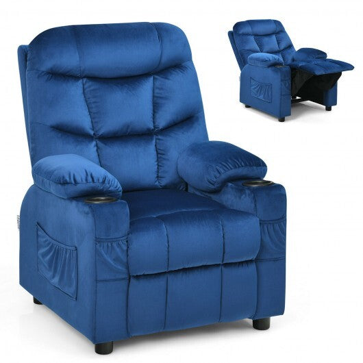 Light blue kids recliner chair with cup holder and footrest, designed for children, by American Smart, featuring comfortable seating.