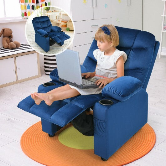 Light blue kids recliner chair with cup holder and footrest, suitable for toddlers, by American Smart.