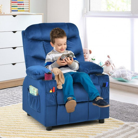 Light blue kids recliner chair by American Smart with cup holder and footrest, designed for toddler and kids seating.