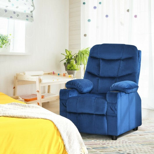 Light blue kids recliner chair with cup holder and footrest from American Smart, designed for toddler and children's seating.