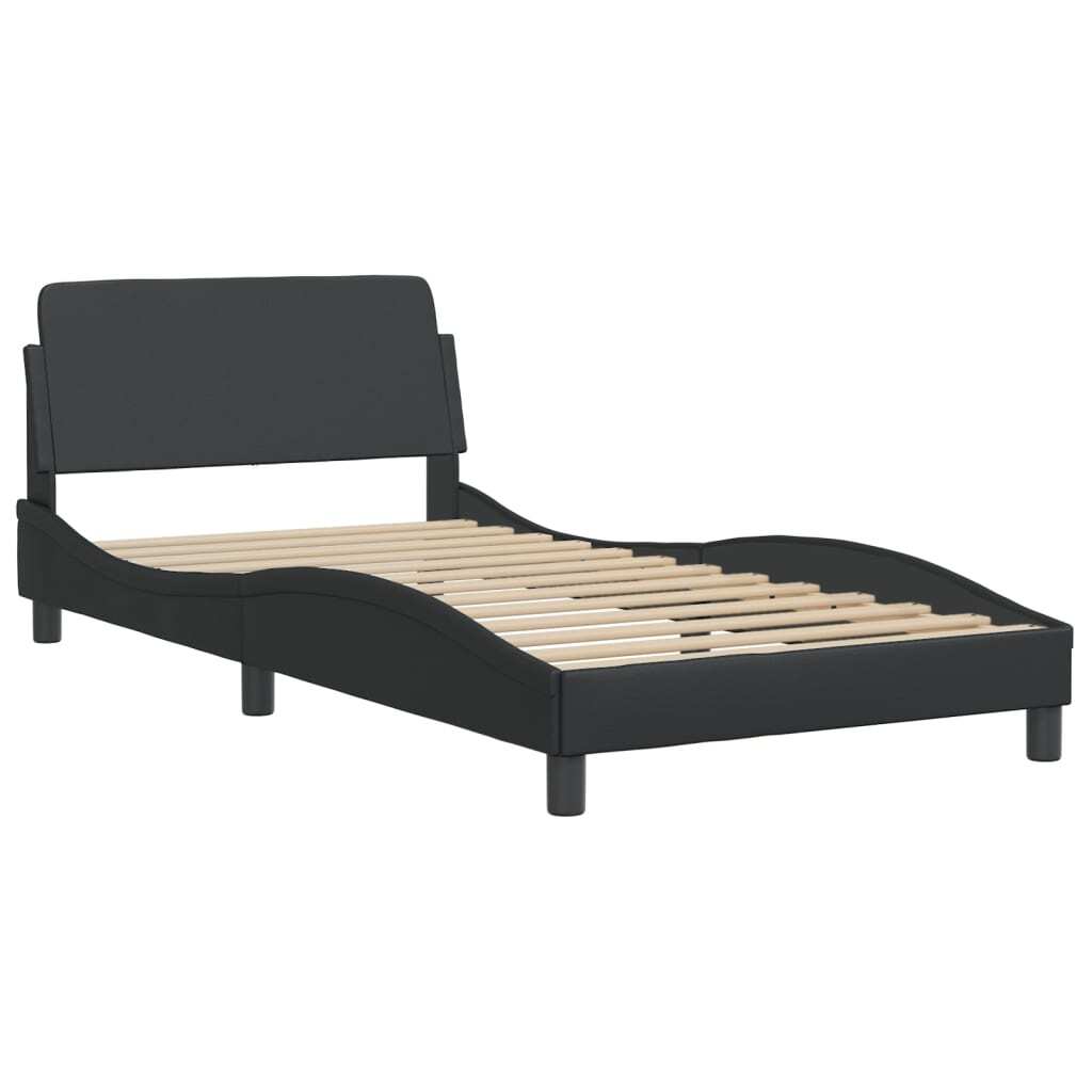Black Dover bed frame by American Smart in faux leather, measuring 39.4x74.8 inches, showcasing a modern design and sturdy construction.