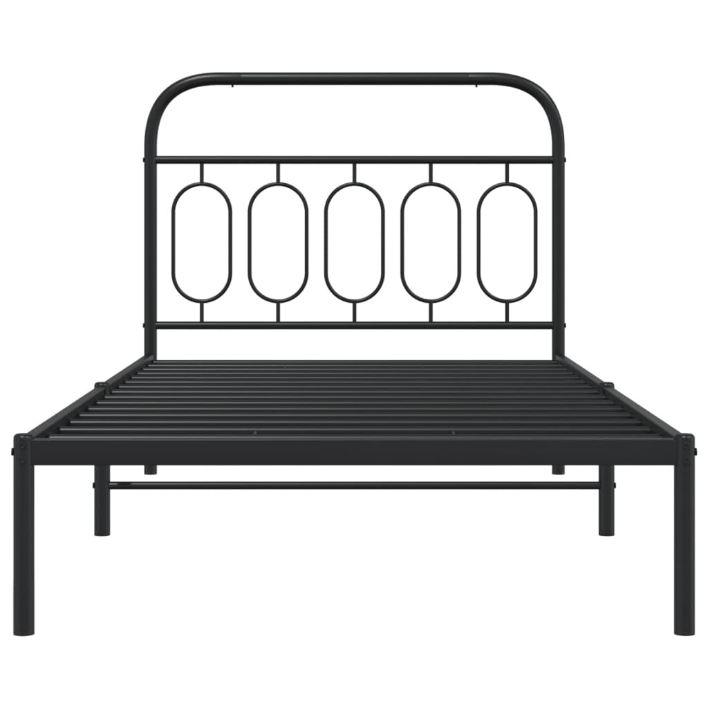 Black metal bed frame with headboard, measuring 39.4"x78.7", from American Smart WB, shown without mattress in a bedroom setting.