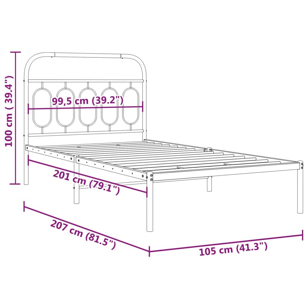 Black metal bed frame with headboard, 39.4"x78.7", in a modern design, from American Smart WB, without mattress.