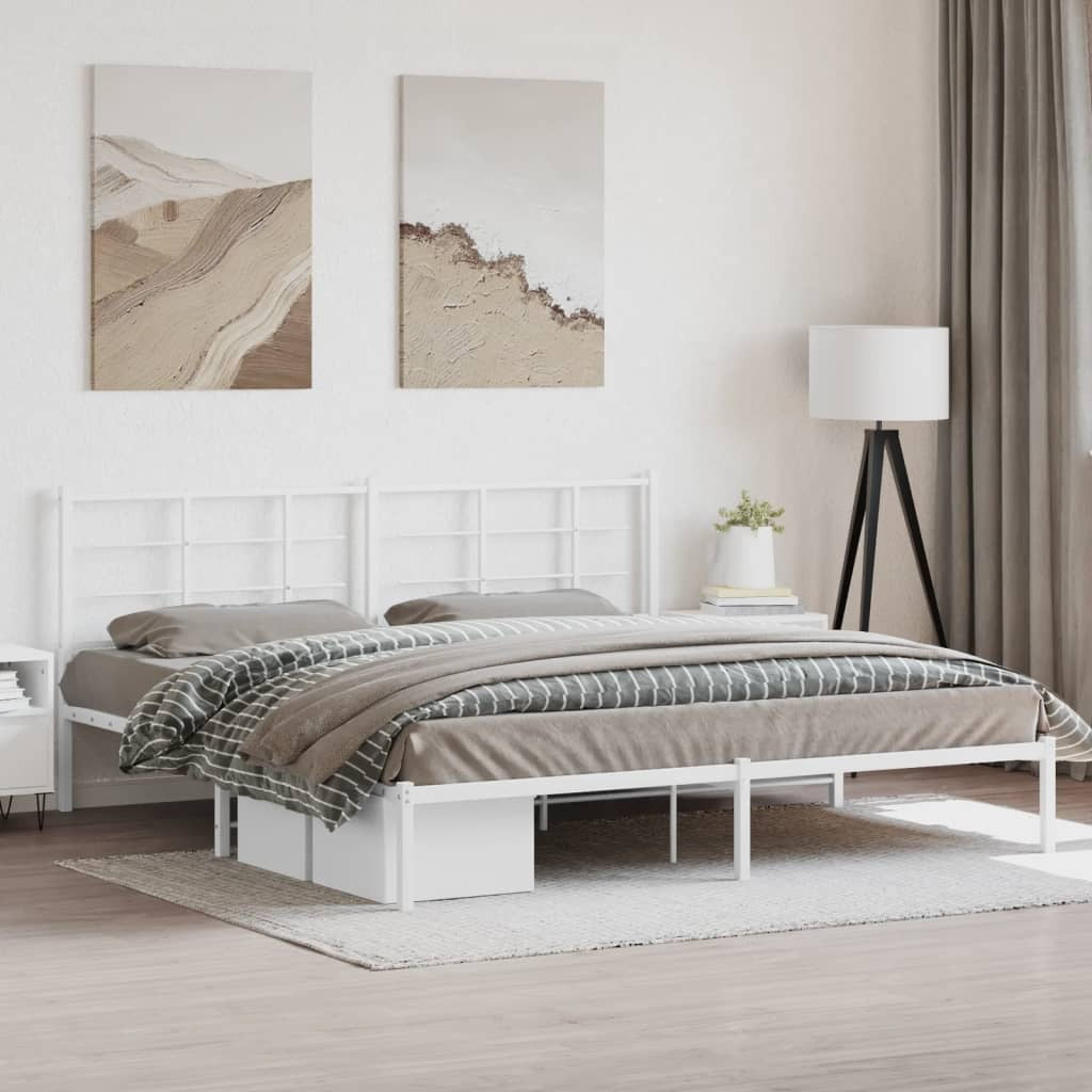 White metal bed frame with headboard, 76x79.9 inches, from American Smart, showing the sturdy design and sleek finish.