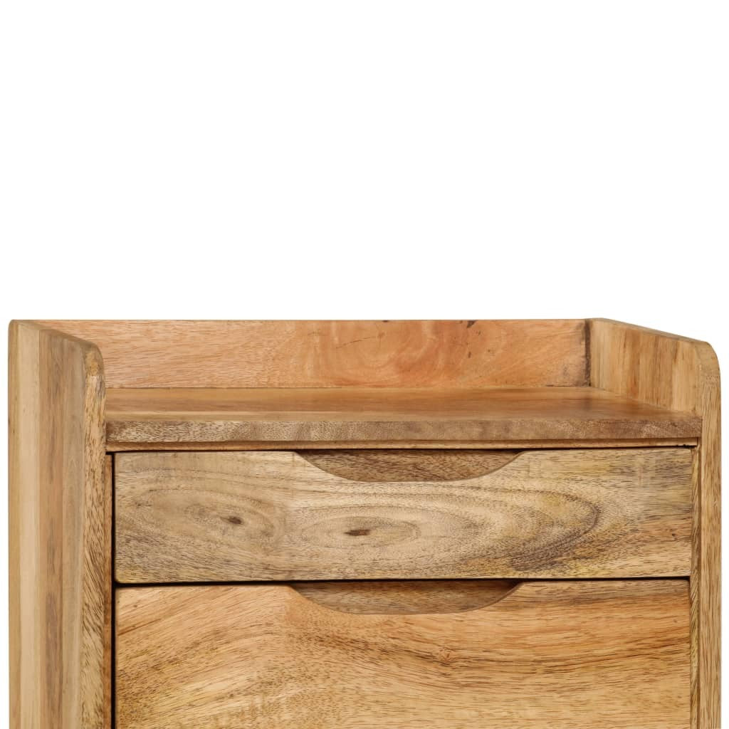 Solid mango wood bedside cabinet with dimensions 15.7x11.8x23.4 inches, featuring a natural finish and modern design.