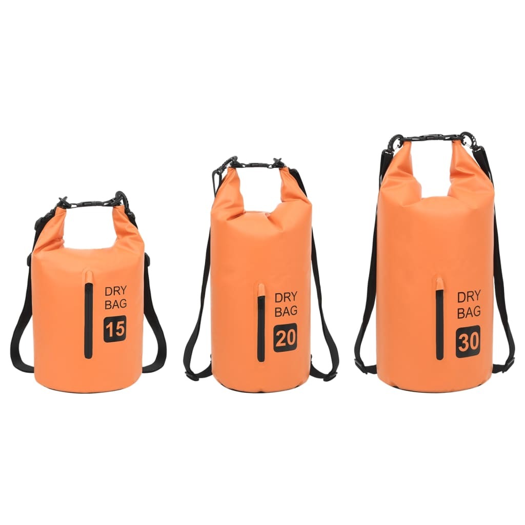 Orange 4-gallon PVC dry bag with zipper by American Smart for boating and water sports, shown with contents inside.