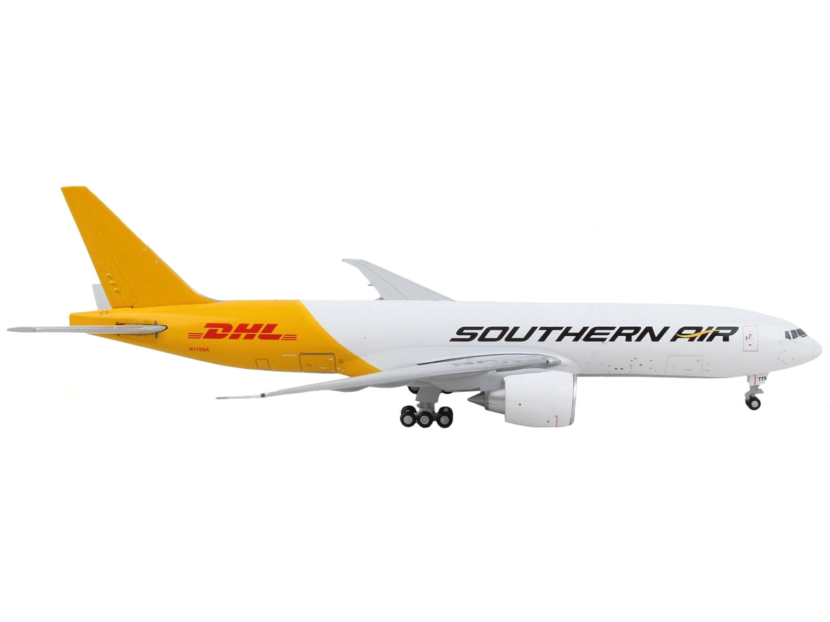 Boeing 777F diecast model airplane by GeminiJets, white and yellow DHL Southern Air commercial aircraft, 1/400 scale.
