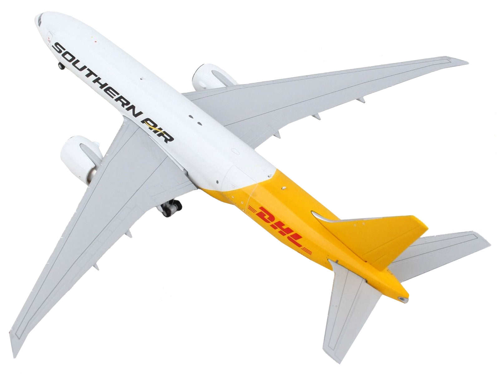 Boeing 777F diecast model airplane by GeminiJets, white and yellow DHL Southern Air livery, detailed scale replica