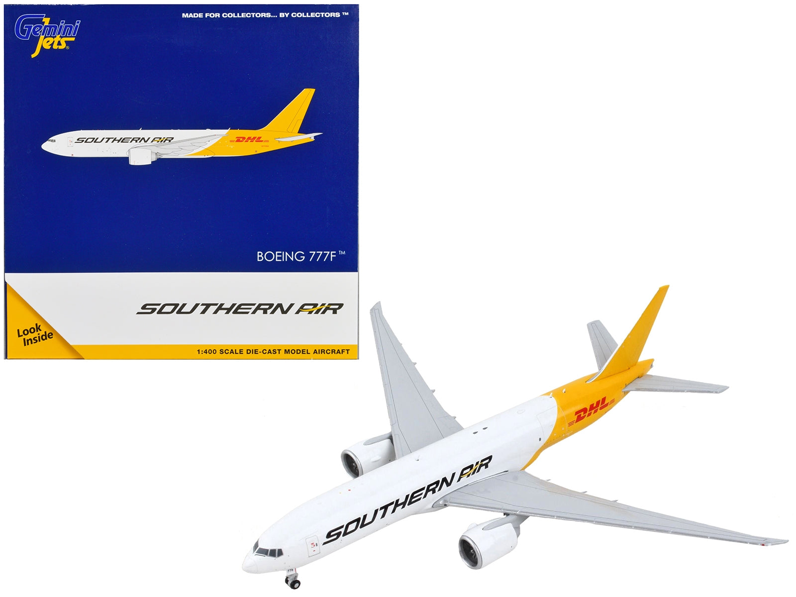 Boeing 777F diecast model airplane by GeminiJets featuring Southern Air DHL livery in white and yellow, 1/400 scale.