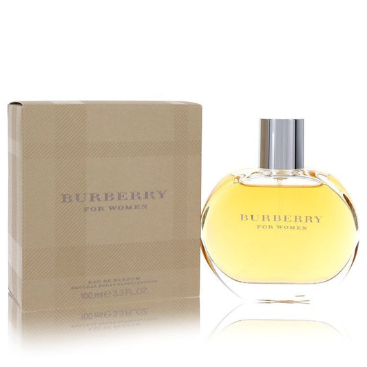 Burberry Eau De Parfum spray for women in 3.3 oz bottle, featuring classic Burberry branding and elegant packaging.