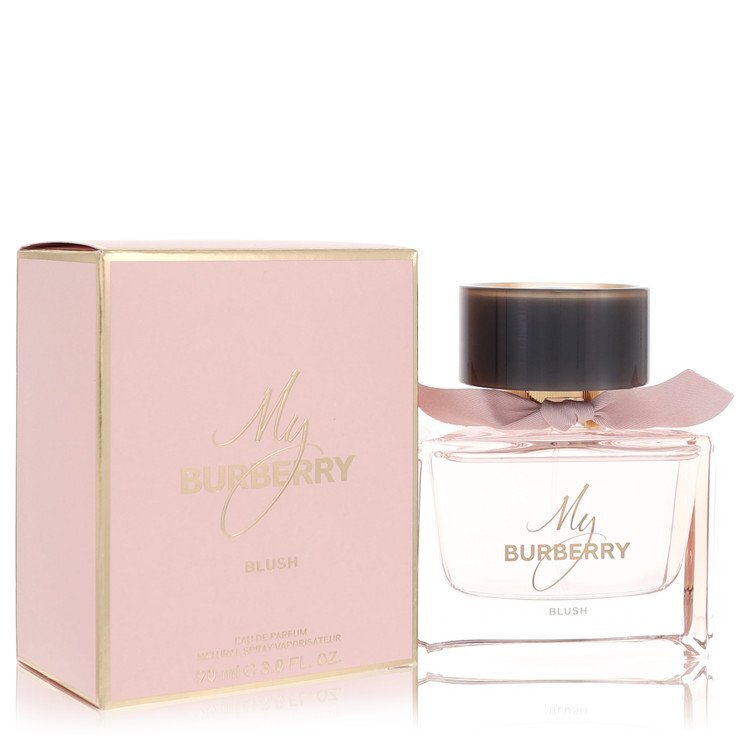 My Burberry Blush Eau De Parfum spray by Burberry, 3 oz, featuring elegant pink and gold bottle design, for women.