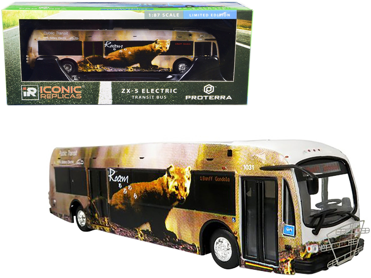 HO scale Proterra ZX5 electric transit bus diecast model by American Smart WB, featuring detailed "Roam Transit" and "Banff Gondola" design.