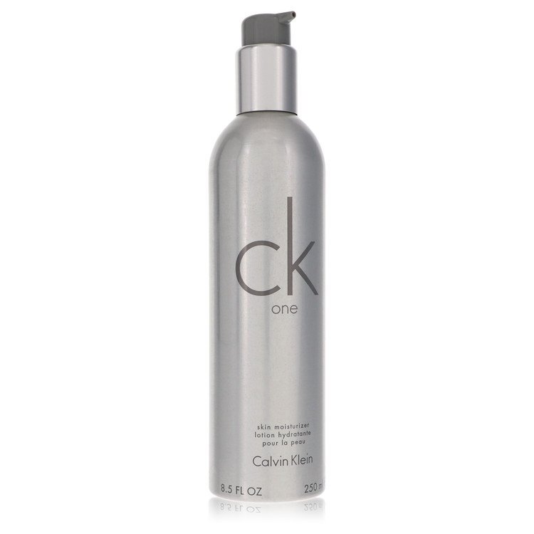 Calvin Klein CK One men's body lotion in an 8.5 oz bottle, moisturizing skin with a clean, fresh scent.