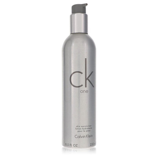 Calvin Klein CK One men's body lotion in an 8.5 oz bottle, moisturizing skin with a clean, fresh scent.