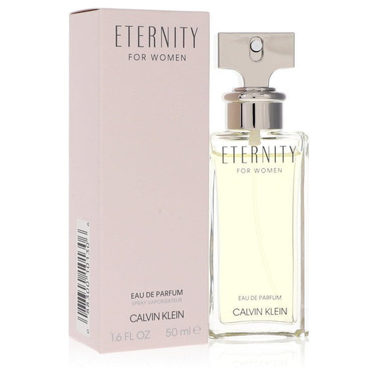 Eternity by Calvin Klein women’s Eau de Parfum spray bottle, 1.7 oz, with elegant packaging and floral fragrance design.