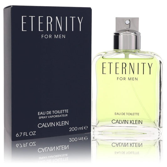 Calvin Klein Eternity Eau De Toilette spray for men, 6.7 oz bottle with sleek design and clear glass container.