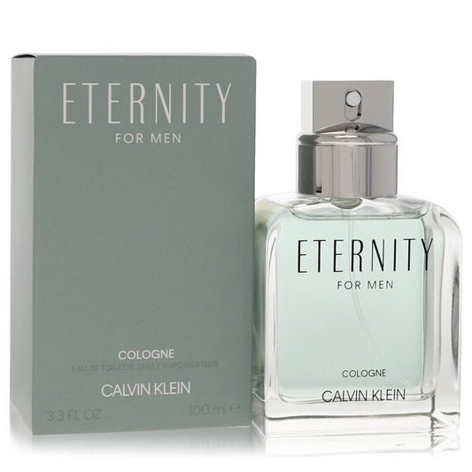 Calvin Klein Eternity men's eau de toilette spray 3.3 oz, bottle with sleek design and clear fragrance label.