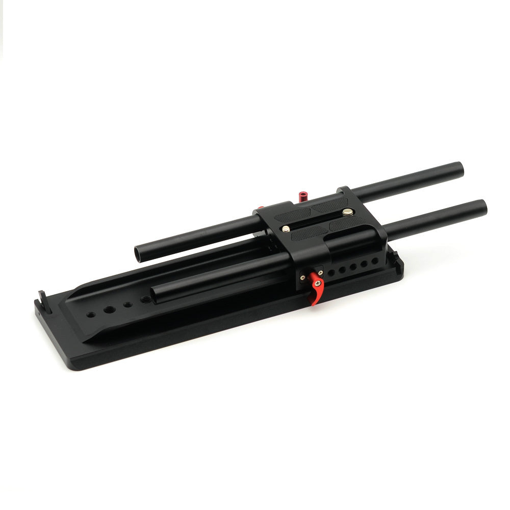 Black VELEDGE 15mm camera baseplate with ARRI dovetail plate from American Smart WB, used for professional camera rig setups.