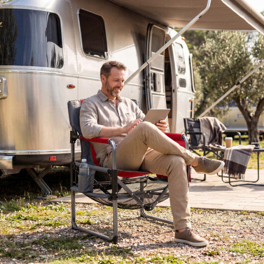 Red heavy-duty outdoor camping chair with cup holder and side pocket by American Smart - WB, ideal for camping and outdoor use.