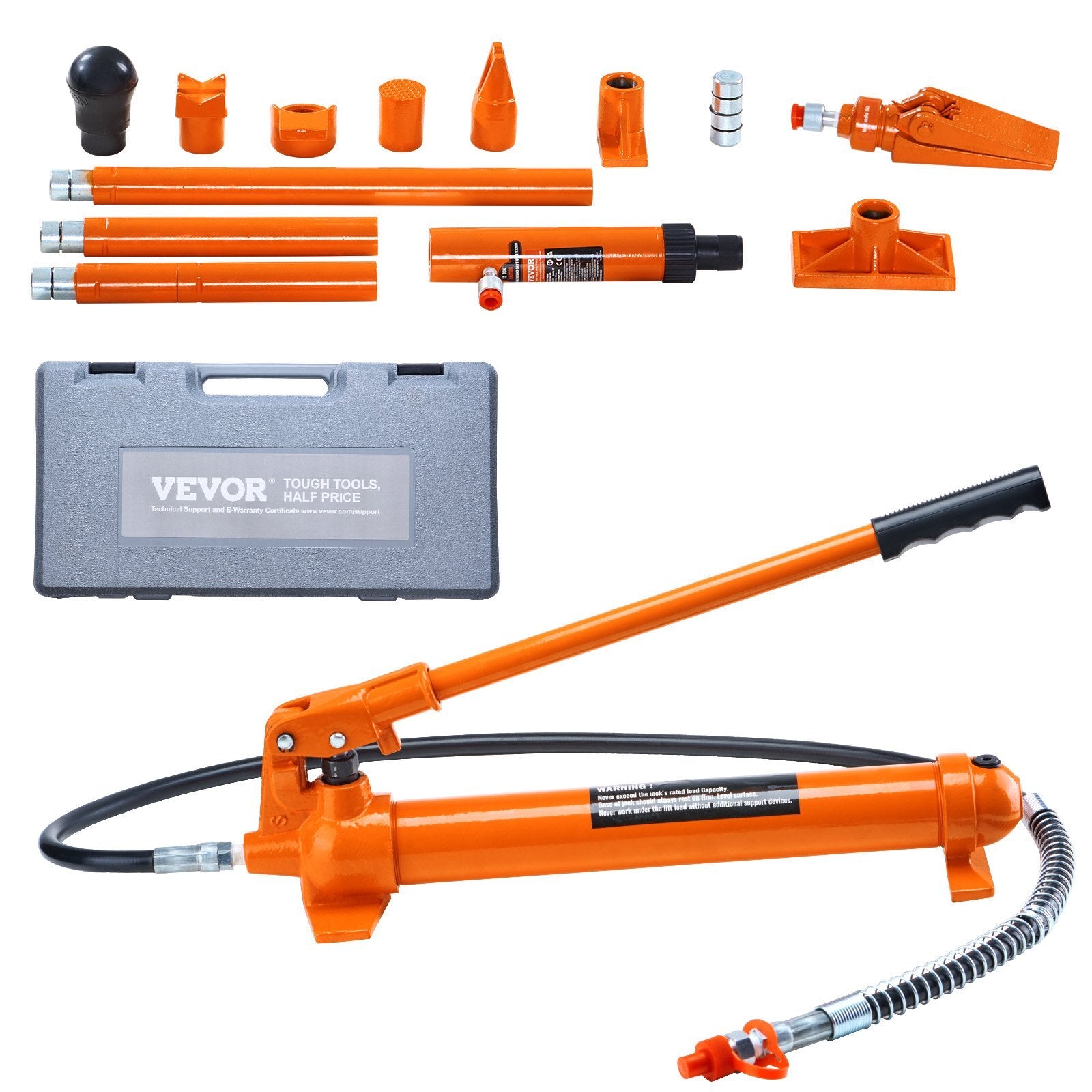 American Smart 10 Ton Porta Power Kit with hydraulic jack, 4.6 ft oil hose, auto body repair tools, and storage case.