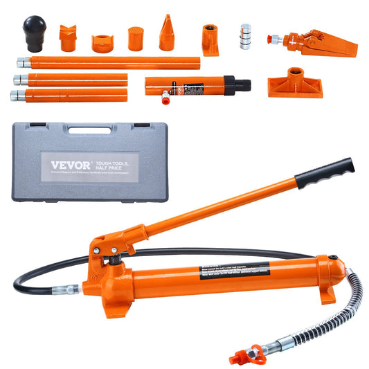 American Smart 10 Ton Porta Power Kit with hydraulic jack, 4.6 ft oil hose, auto body repair tools, and storage case.