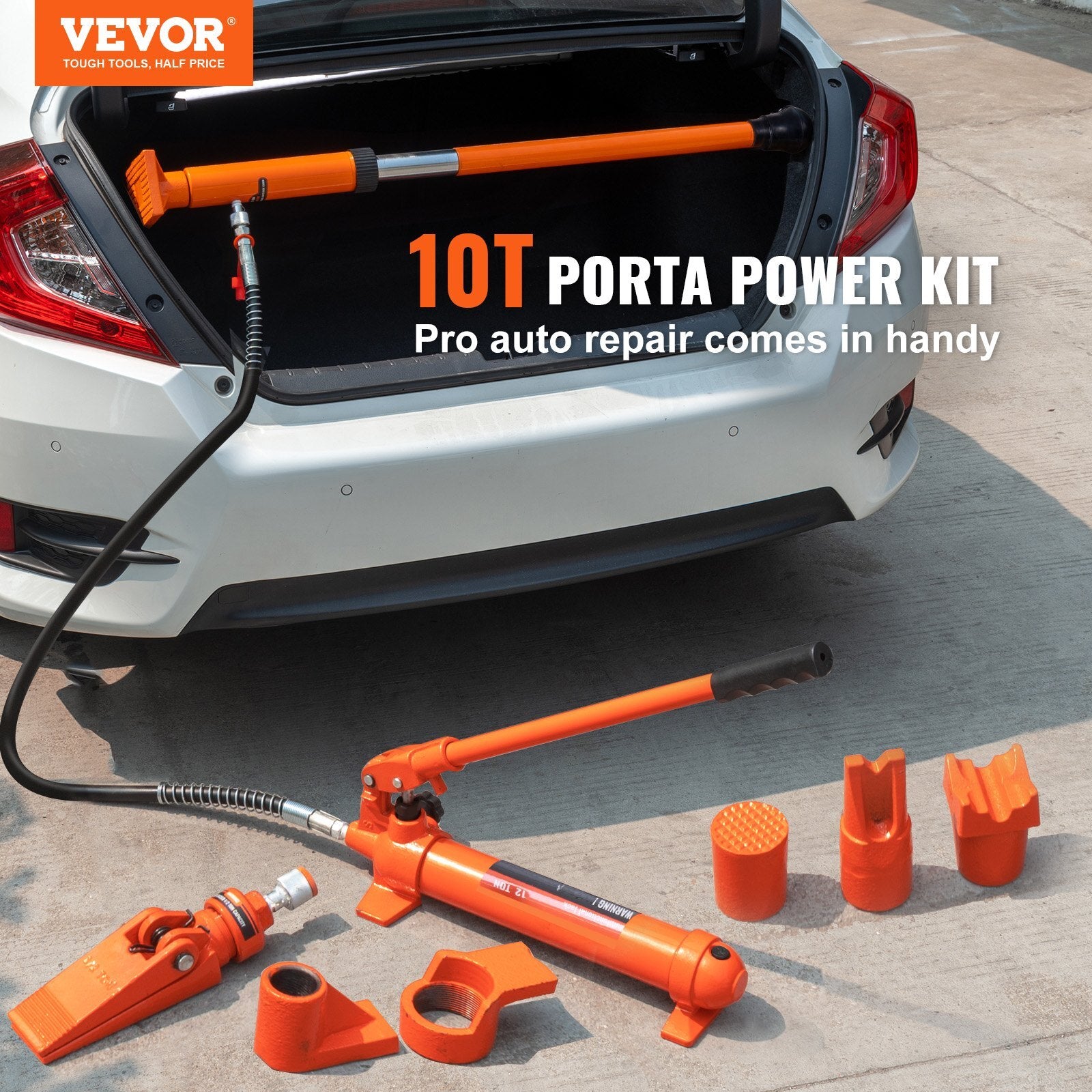 American Smart 10 Ton Porta Power hydraulic jack kit with oil hose, auto body repair tools, and storage case for car and truck repairs.
