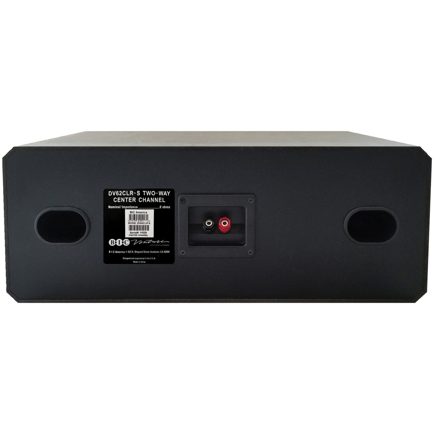 BIC America DV62CLR-S venturi 3-driver indoor 2-way center channel speaker in black, rated at 175 watts, designed for home theater audio